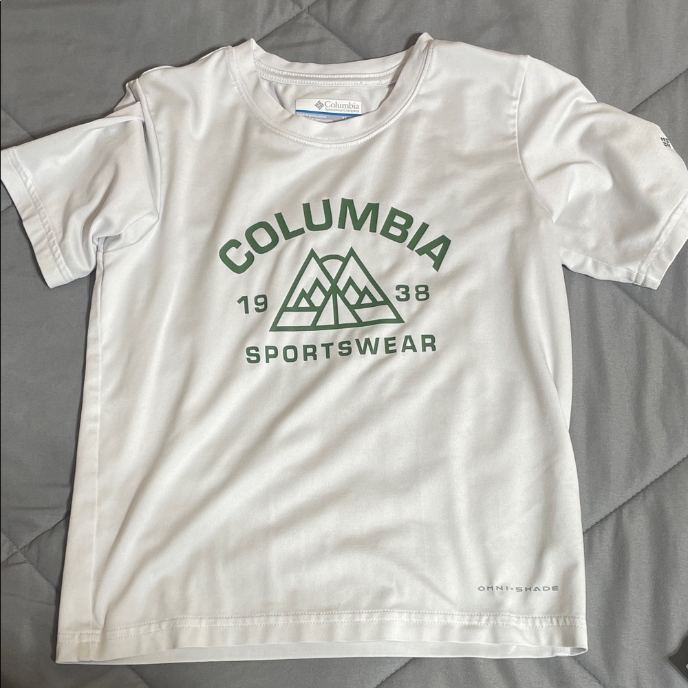 Kids Columbia White Tee with Green Sportswear Graphic